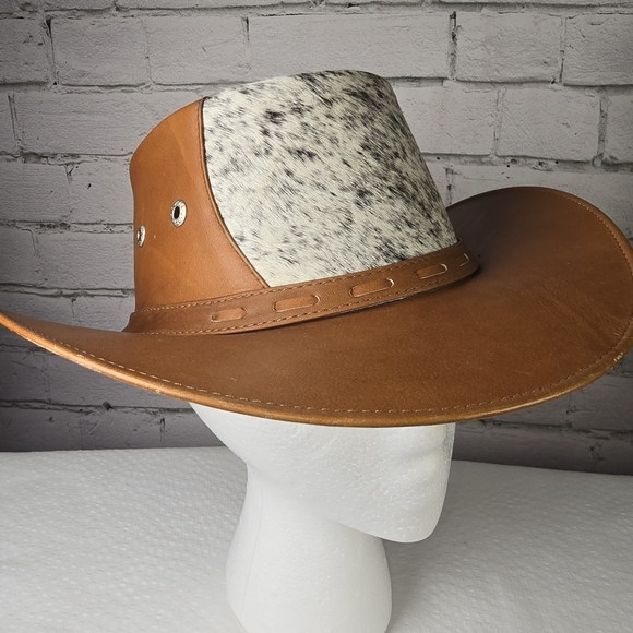 Tan Leather Cowboy Hat With Real Cowhide Hair Inset Euc - Picture 2 of 9